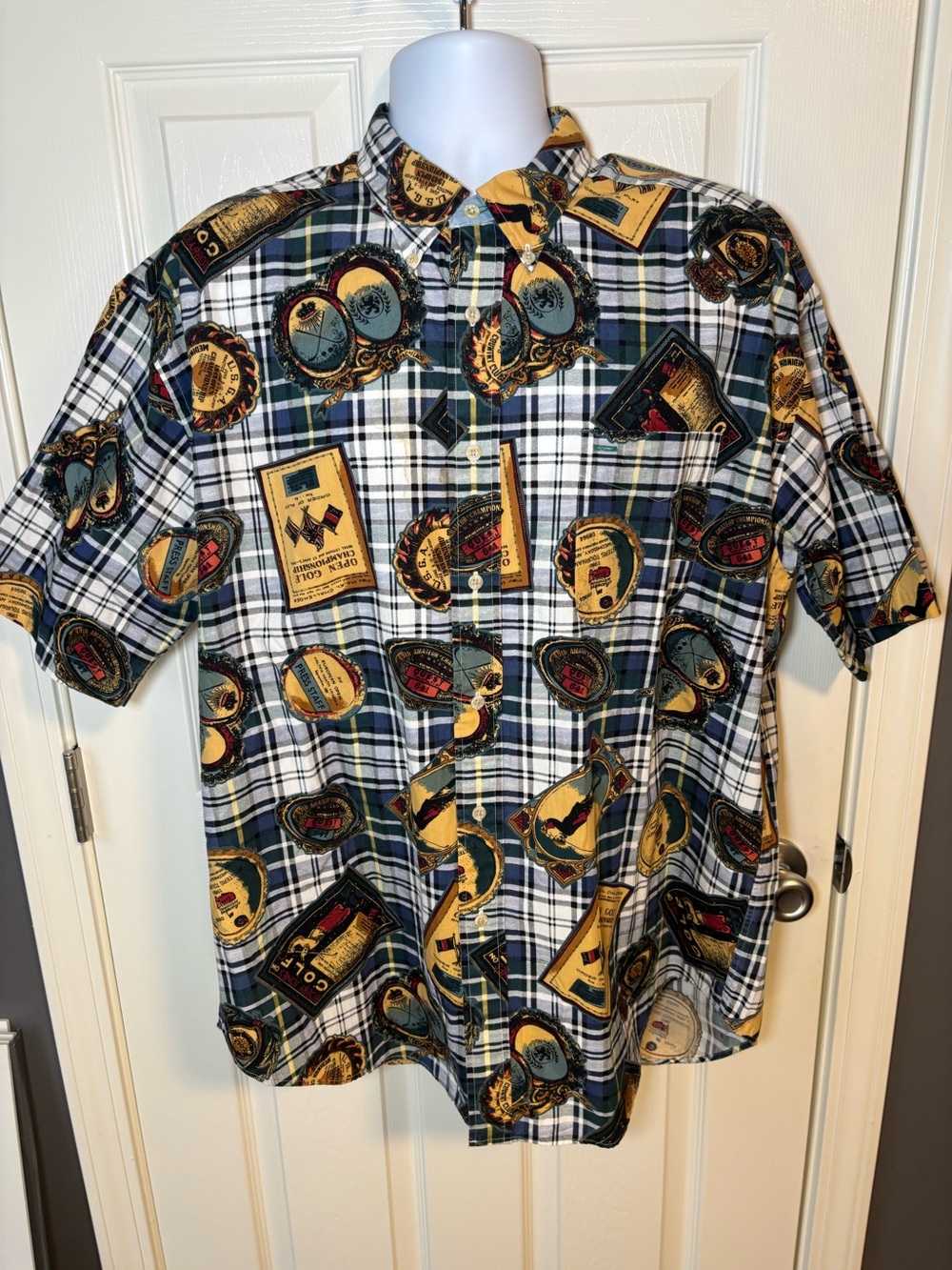 Multi-colored Tommy Hilfiger plaid button up with vintage golf  graphics-size xl